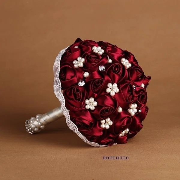 

Bridal Bridesmaid Wedding Bouquet Cheap Custom Made Luxury Crystal Burgundy/Red Wine Artificial Rose Flower Bridal Bouquets