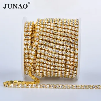 

JUNAO SS6 SS12 SS18 Sewing Gold Rhinestone Chain Fringe Crystal Ribbon Trim Glass Applique Strass Banding For Clothes DIY Crafts