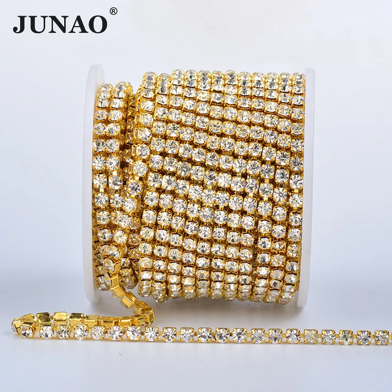 JUNAO SS6 SS12 SS18 золотые стразы для шитья цепочка бахрома Хрустальная лента отделка