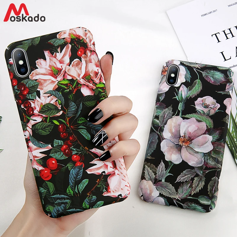 Moskado خمر زهرة جراب هاتف ل iphone X XS ماكس XR ل iphone 6 6s 7 8 زائد الأخضر يترك ل iphone 7 الصلب PC غطاء كامل