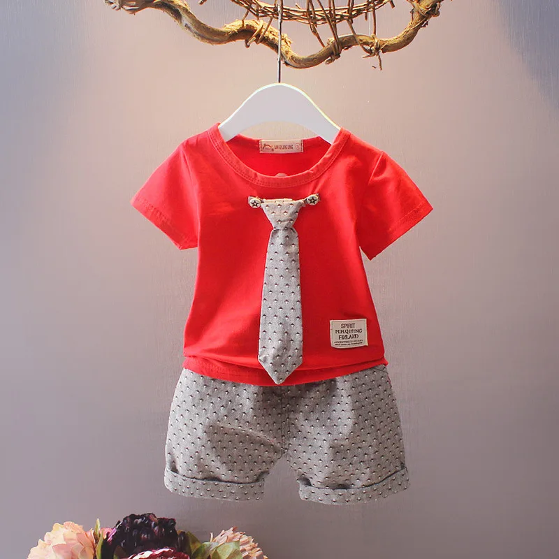 Летняя одежда для мальчиков и девочек хлопковый спортивный костюм Модная одежда для детей, Детская мода, Детский комплект для маленьких джентльменов, галстук, футболка и шорты, 2 шт./компл. Одежда для младенцев комплект - Цвет: CWW tie red