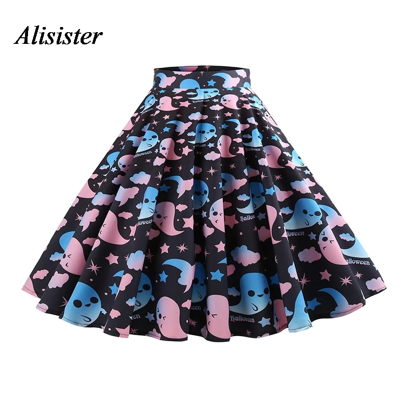 

Kawaii Vintage Skirts Women Halloween Skirts Plus Size Elastic High Waist Ladies Bat Ghost Print Retro Vintage Swing Skirts