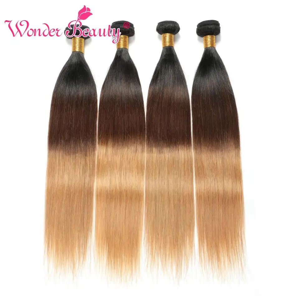 

Wonder Beauty Company 3/4 Bundles Ombre Brazilian Straight Human Hair Bundle Weave 1b/4/27 Remy Blonde 10-26inch Hair Extension
