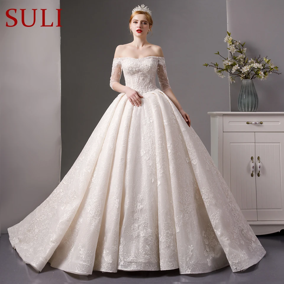

SL-6070 Full Lace beads luxury off the shoulder boat neck ball gown wedding dress 2019 bridal dress wedding gown