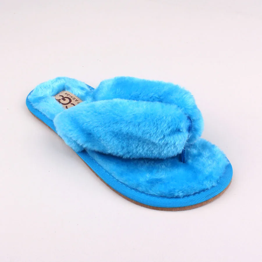 Женские меховые тапочки; 8 цветов; зимняя теплая домашняя обувь из натуральной овечьей кожи; женские домашние тапочки; коллекция года; красивые комнатные меховые Тапочки - Цвет: Синий