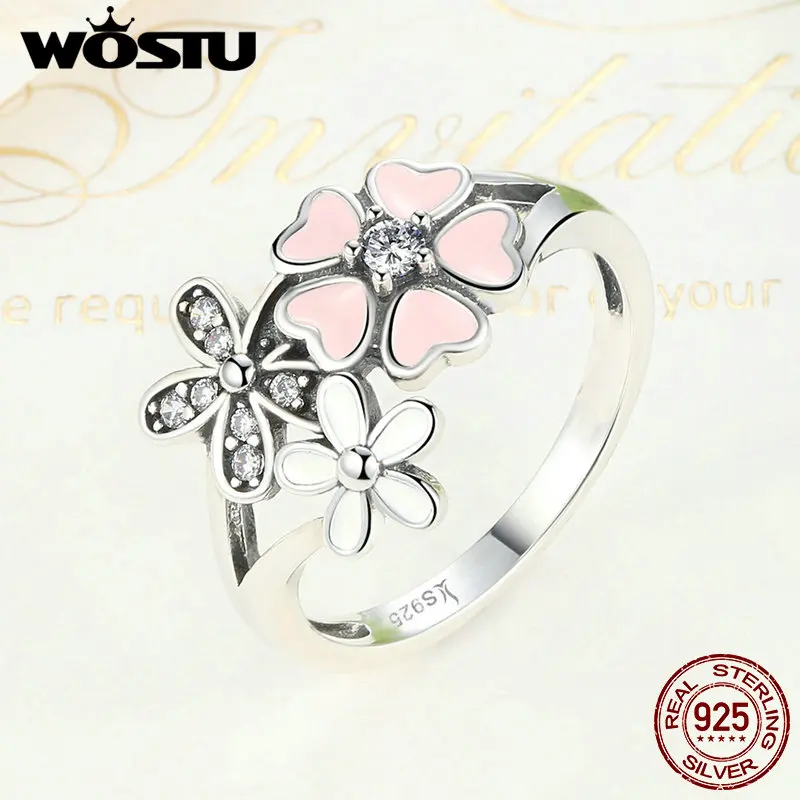 WOSTU 100% 925 Sterling Silver Poetic Daisy Cherry Blossom Wedding Rings For Women S925 Silver Ring Jewelry Lover Gift CQR004