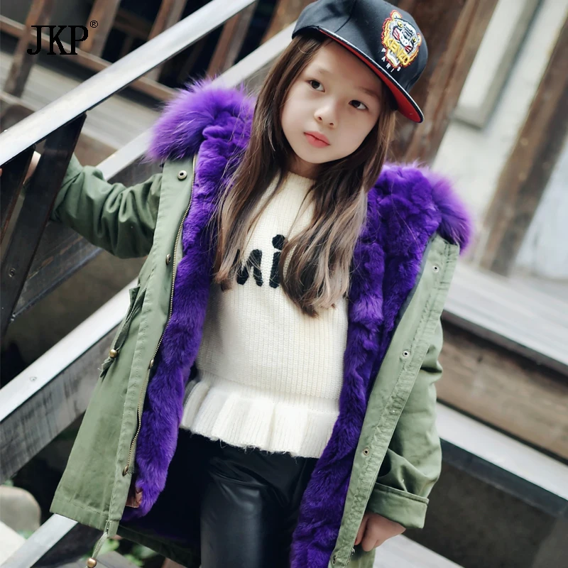 

New winter warm children's fur coat really raccoon fur collar green Outerwear coat genuine rabbit fur hooded Kids Jackets CT-24