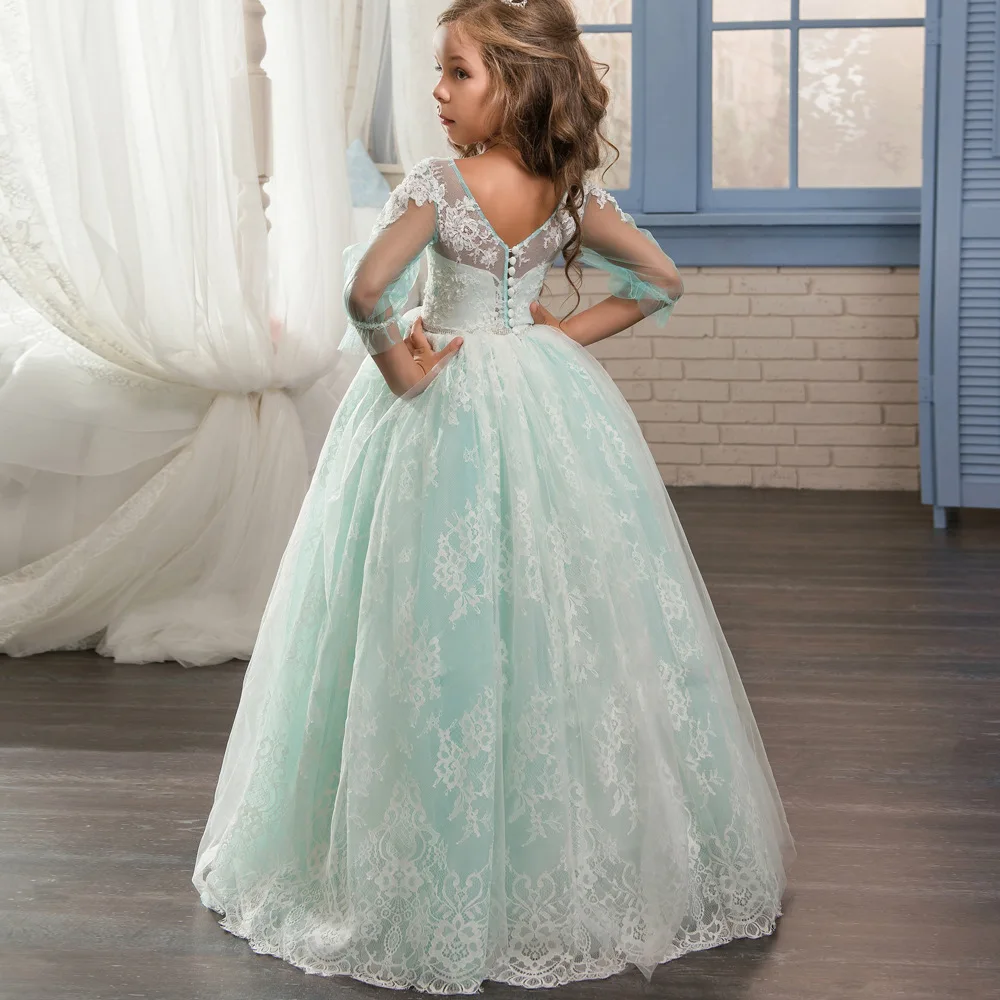 

Christmas fancy flower girl dresses floor length sleeveless light green buttons put on Tulle ball gown for children 2-13 flashy
