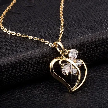 Trendy Cubic Zirconia Butterfly Heart Necklace Pendant Women Gold Color Neck Chain For Women Jewelry collier femme 2020