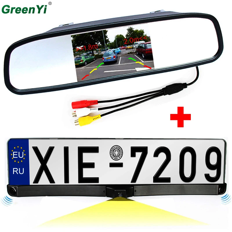 

3in1 HD CCD European Russia License Plate Frame Car Rear View Camera With 2 Parking Sensor + 4.3" Auto Parking Mirror Monitor