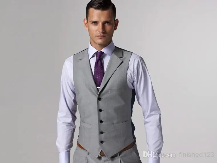 Custom Design Slim Fit Side Slit Light Gray Two Buttons Notch Lapel Groom Tuxedos Men Suits Man Business Suit Jacket+Pants+Tie+Vest AA:02