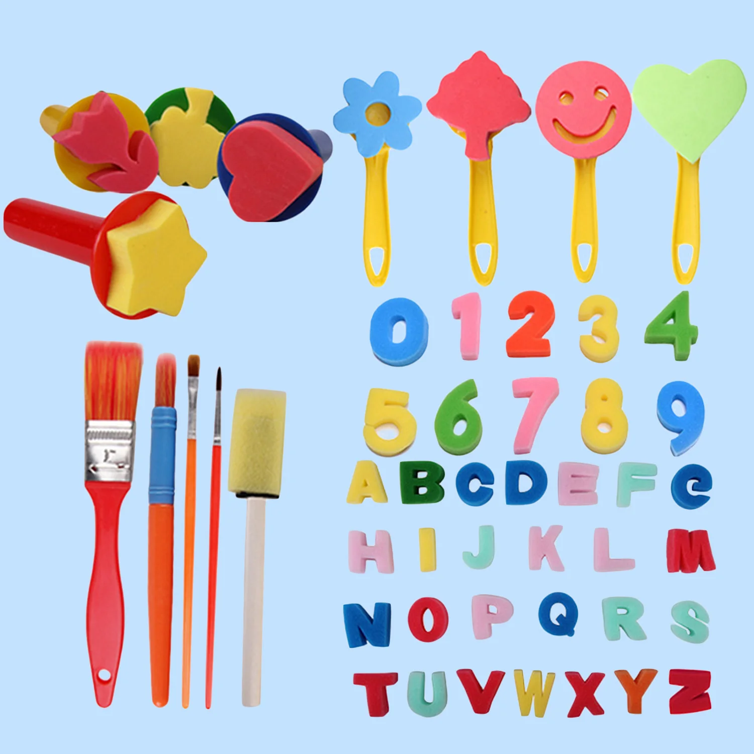 49pc Kids DIY Painting Stamp Seal Foam Sponge Brush Tools Number Letter