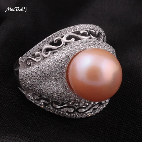 [Meibapj] роскошный 925 Серебряное кольцо с натуральная пресноводного жемчуга Кольцо для женщин Класс АААА 10-11 мм белый жемчуг продвижение - Цвет камня: Pink