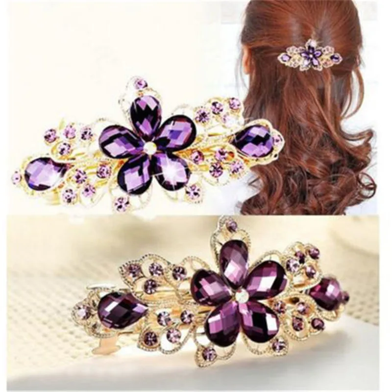 Fashion Crystal Rhinestone Flower Hair Clips Women Charming Bling Hairpin Barrette Hair