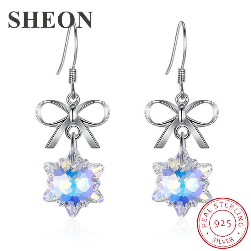 

SHEON 925 Sterling Silver Trendy Snowflake Bowknot Crystal Drop Earrings For Women Fine Engagement Jewelry Christmas Gift