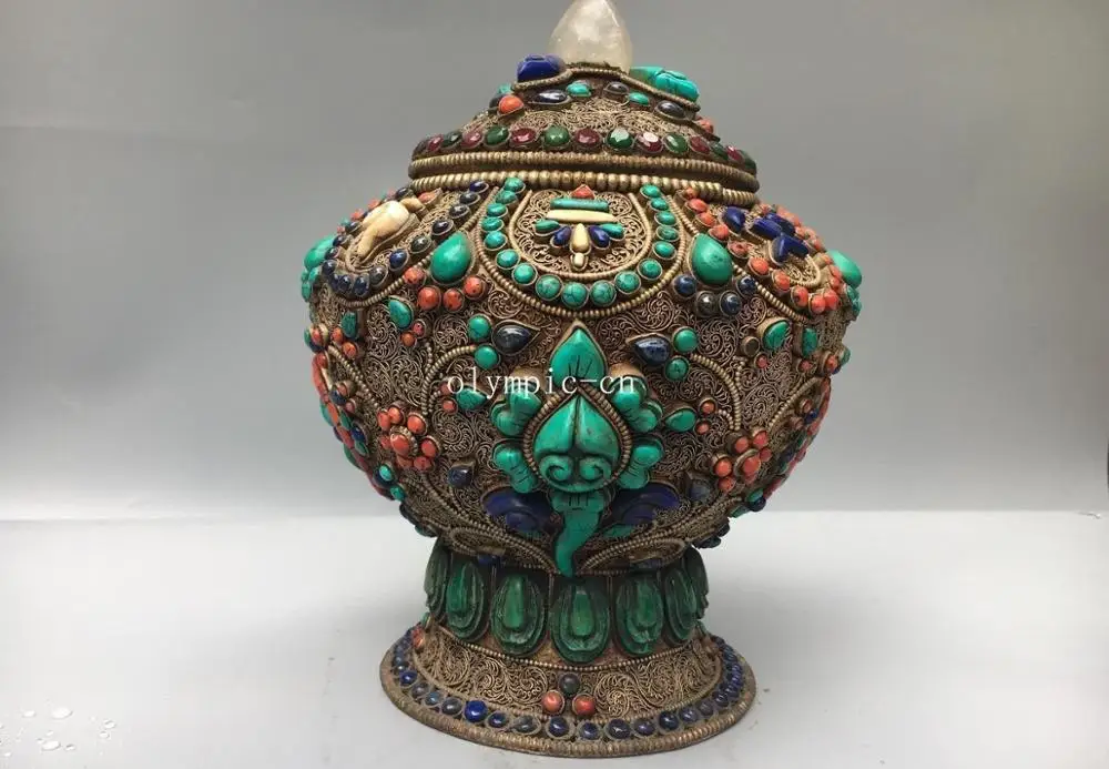 

9''Tibet Nepal handcraft pure silver filigree inlay gem Turquoise coral box jar
