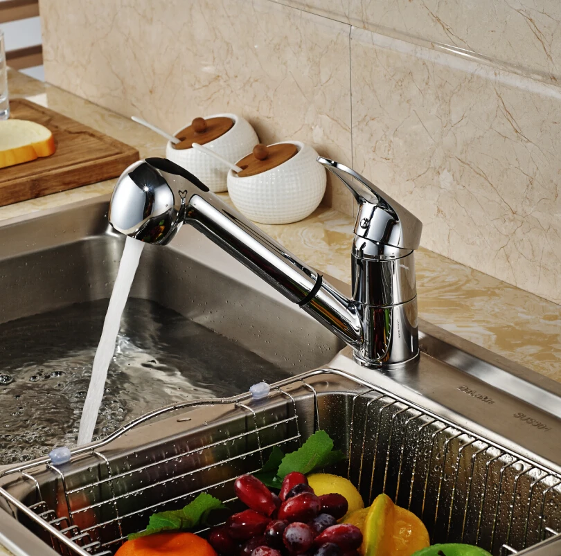 Deck Mounted Pull Out Kitchen Faucet Dual Sprayer Single Handle Hole Vessel Sink Mixer Tap Hot