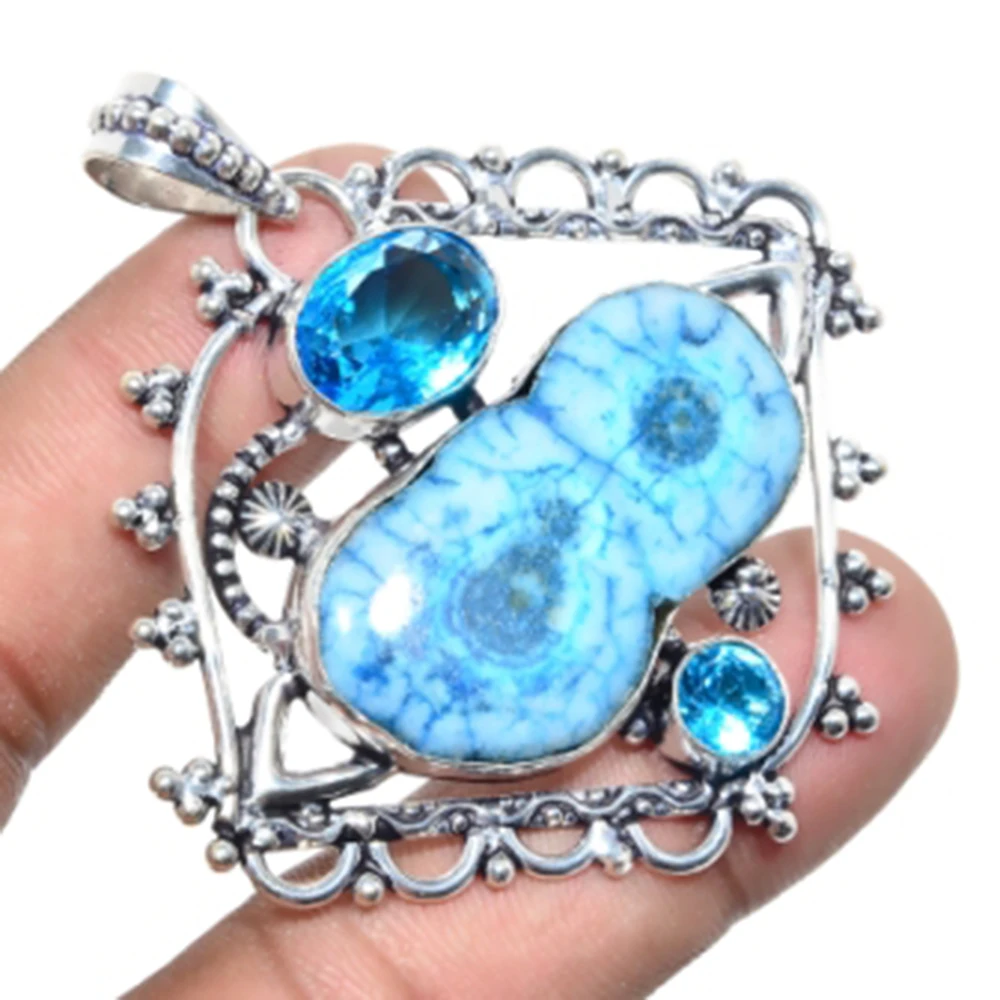 

Solar Quarts,Blue Topas Pendant Silver Overlay over Copper Antique Pendant , 60 mm, P6153
