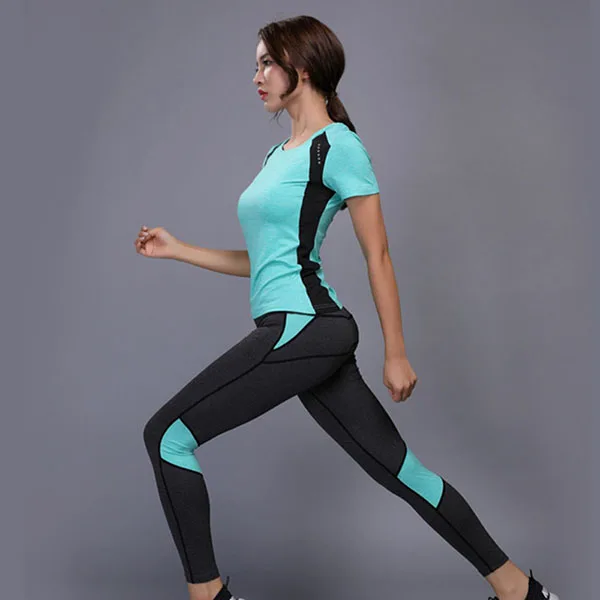 Женский костюм для фитнеса, для йоги, набор размера плюс, спортивная одежда, теннисная рубашка+ штаны, для бега, облегающие, для бега, костюмы для женщин, для тренировок, спортивный костюм - Цвет: Green
