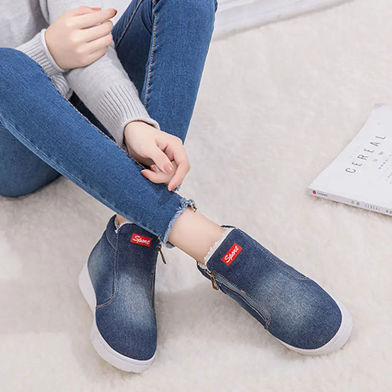 Зимняя обувь женские модные кроссовки basket femme однотонная джинсовая теплая