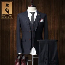 Мужской костюм в полоску пиджак жилет брюки серый 3 шт. Нарядные Костюмы для свадьбы для жениха модные Бизнес костюм Traje новио Hombre