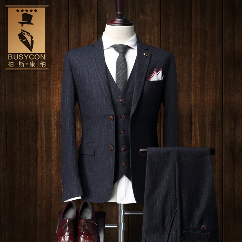 

Mens Striped Suit Blazer Vest Pants Grey 3 piece Wedding Suits For Groom Fashion Business Suit Traje Novio Hombre 2016