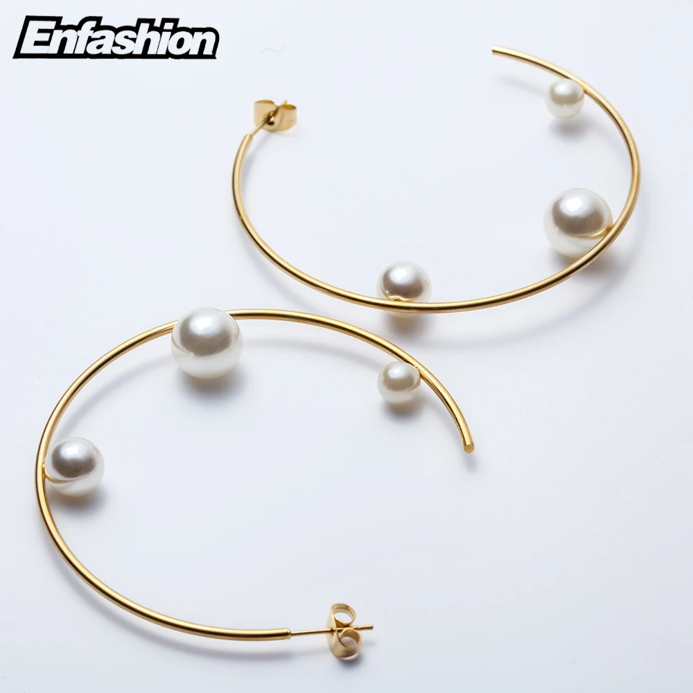 Enfashion ювелирное изделие, геометрические жемчужные серьги-кольца золотого цвета из нержавеющей стали, круглые серьги для женщин, серьги EEF1014