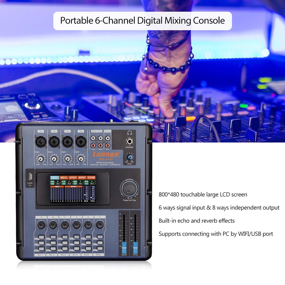 Видеомикшер Портативный 6-ти канальный цифровой микшерный пульт консольный микшер ЖК-дисплей Сенсорный экран эффекты с USB док-станция для караоке Запись DJ вещания