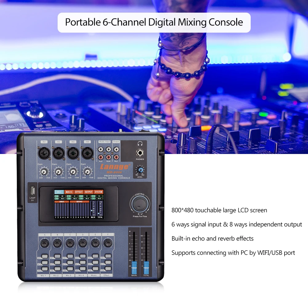 

Video mixer Portable 6-Channel Digital Mixing Console Mixer LCD Touch Screen Effects with USB for Karaoke Recording DJ Broadcast