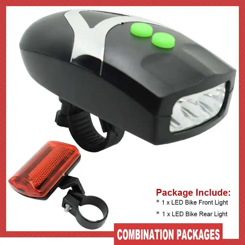 Bike Front Light 3 LED 3 Mode with Horn Bell Bicycle Headlight + Rear