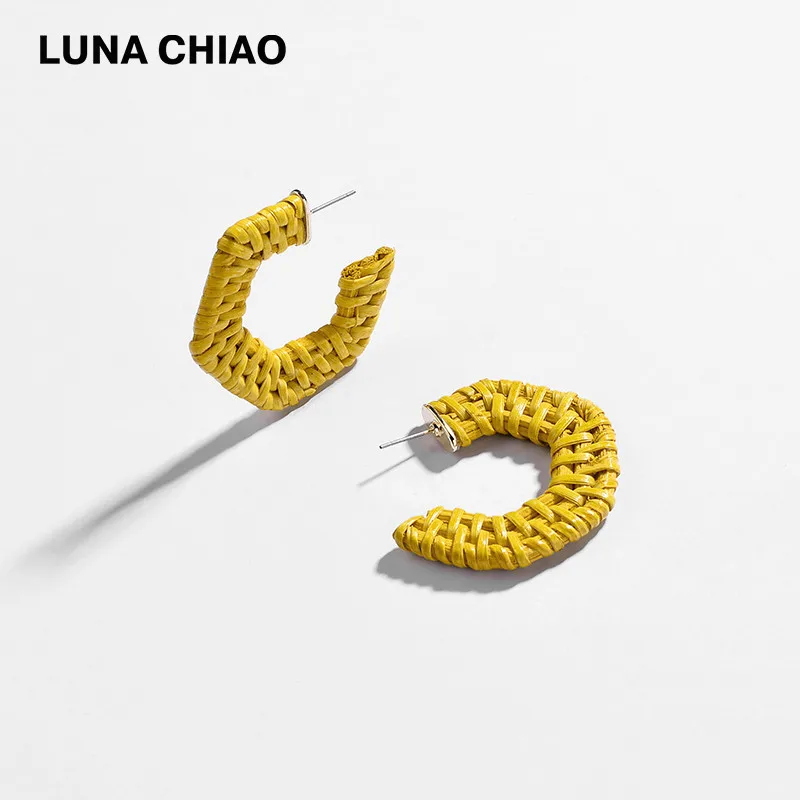 Женские плетеные серьги кольца LUNA CHIAO цветные геометрические из ротанга