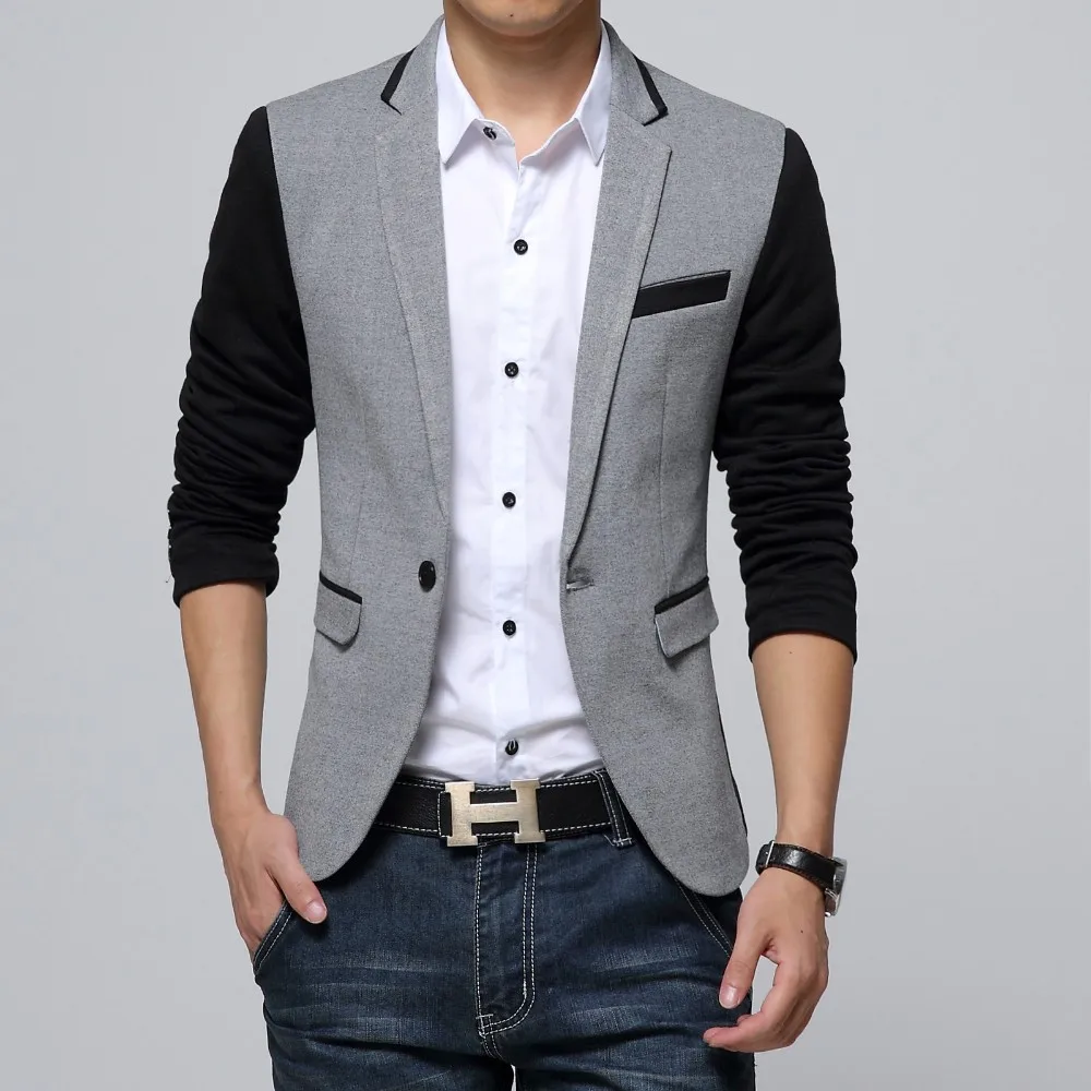 Приталенный Повседневный брендовый хлопковый мужской пиджак с одиночной пуговицей, серый мужской костюм, пиджак, осеннее пальто в стиле пэчворк, мужской комплект