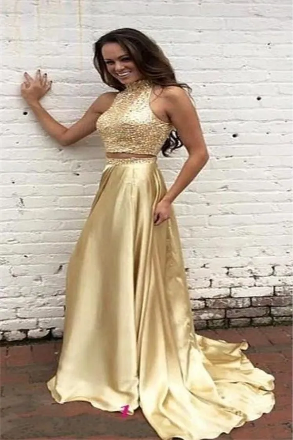 Вечернее платье из двух частей Abendkleid, Золотое атласное платье, длинное ТРАПЕЦИЕВИДНОЕ вечернее платье для женщин, платья с бисером