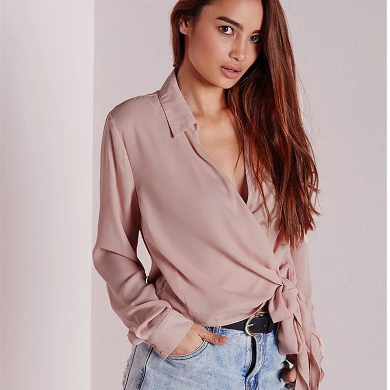 Blusa Feminina сексуальная шелковая блузка с v образным вырезом женская розовая рубашка