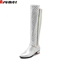 ASUMER/Большой размер 34-43, г. Модная зимняя теплая женская обувь на платформе с круглым носком на низком каблуке однотонные черные сапоги до колена