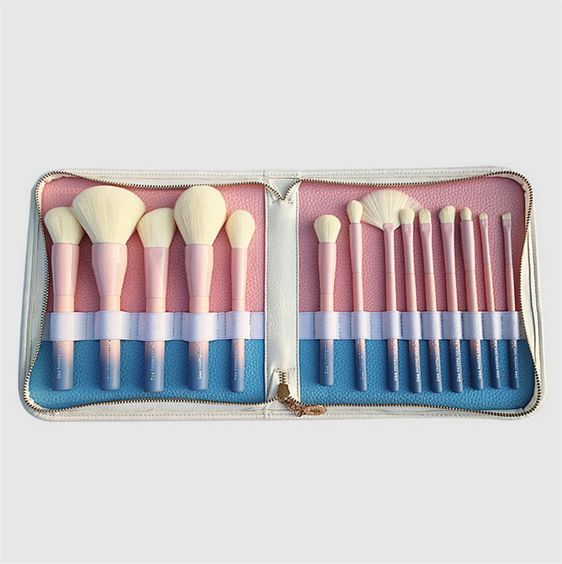 2017 Gradient Color Professional Makeup Brushes Set Pro 14pcs Cosmetic Brush Set with Leather Bag Pink
