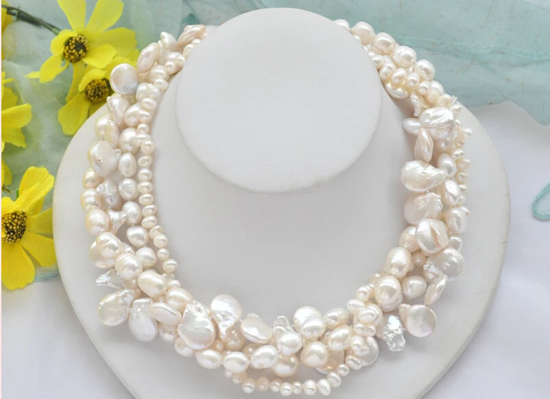 

FREE SHIPPING ******* Z7085 4Strds 14mm white coin & baroque & rice freshwater pearl necklace 18inch (A0501)