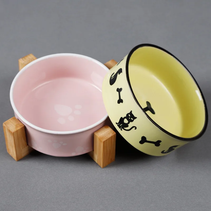

5' new ceramic pet cat small dog round print cute ceramic cat dog bowl with bamboo stand