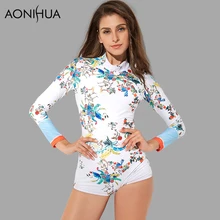 Aonihua тонкий печати Одна деталь плавать Костюмы для Для женщин с длинным рукавом Сёрфинг Push Up Купальники для малышек женский купальный Костюмы 2164