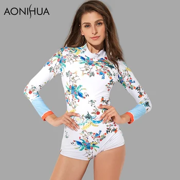 

AONIHUA One Piece Swimsuits for Women Long sleeve 2018 New Slim Print Surfing Rash Guards Push up Swimwear Female Swimming Suit