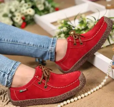 MIUBU/Женская обувь из натуральной кожи; женские туфли-лодочки ручной работы из замши на плоской подошве из воловьей кожи; женские лоферы; большие размеры - Цвет: red