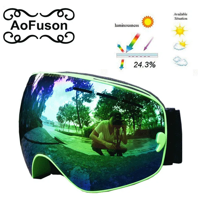 ski goggles green AoFuson брендовые профессиональные лыжные очки с двойными линзами, анти-туман, UV400, большой Сферический лыжный очки для мужчин и женщин, маска для катания на лыжах - Цвет: ski goggles green