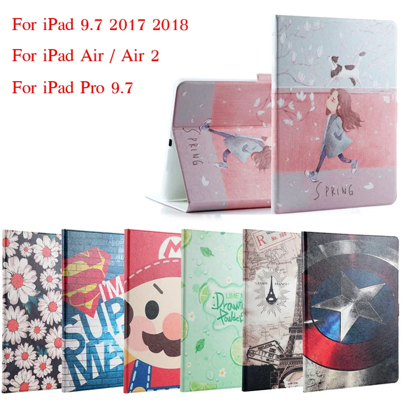 

New 2017 For iPad 9.7 / Air / Air2 Fashion Painted Flip PU Leather For iPad 5 / 6 / Air 2 Smart Case Cover + Stylus + Film