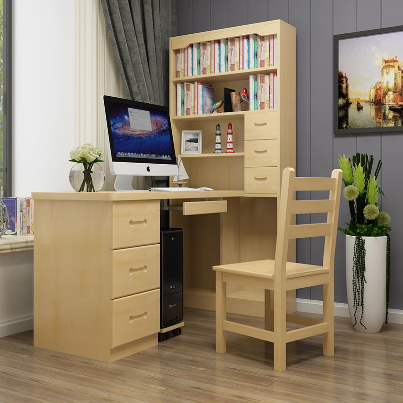 Wood desk with bookcase combination desktop computer corner minimalist