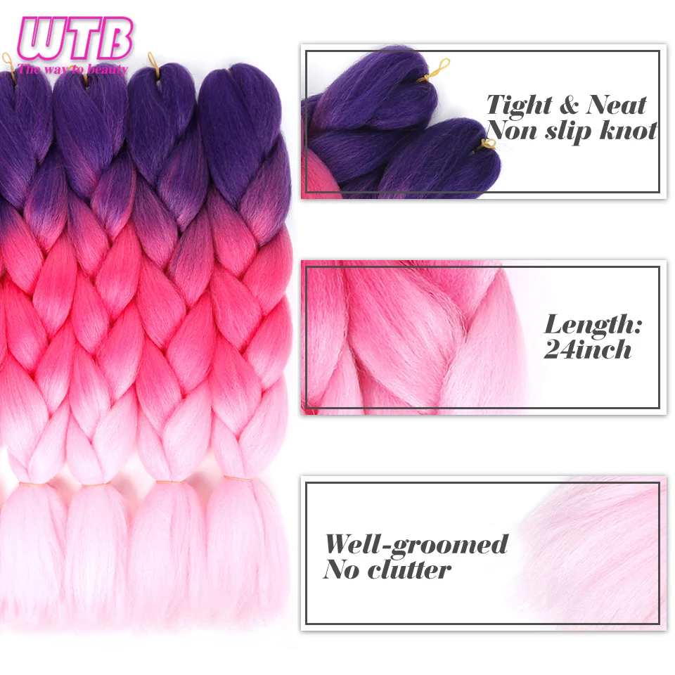 WTB волосы 100 г/упак. 24 дюйма длинные огромные синтетические косички волосы розовый синий фиолетовый Омбре африканские вязанные косички наращивание волос
