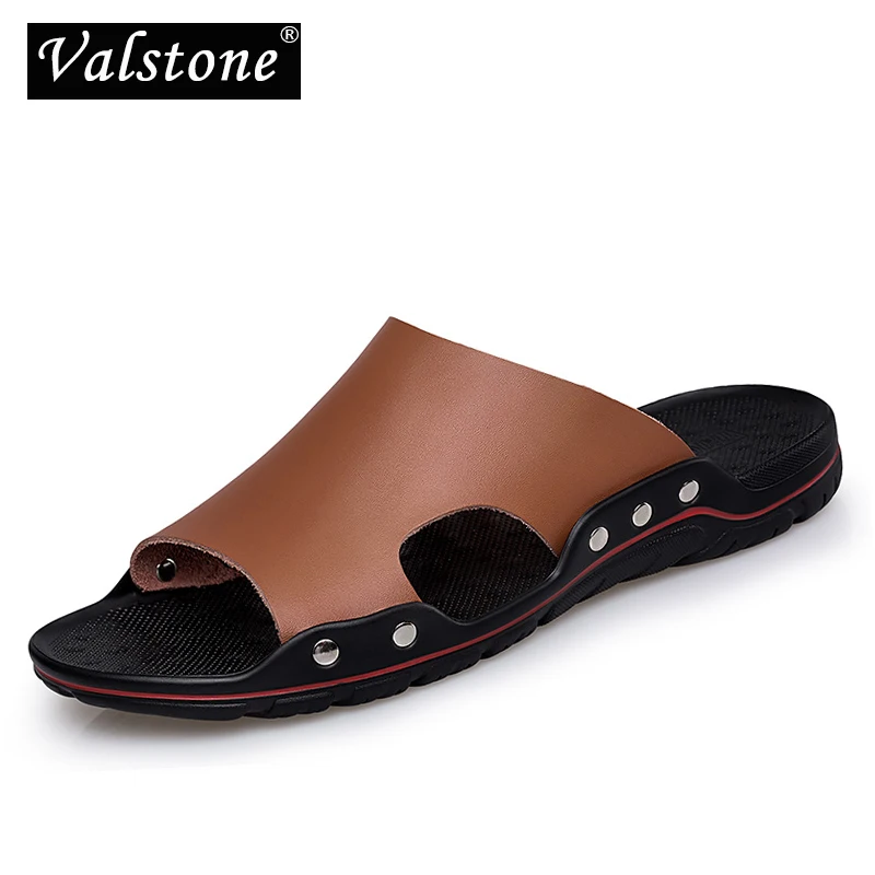 Valstone/мужские кожаные тапочки; мужские летние сандалии; классная обувь для улицы; пляжные прогулочные сандалии; Sandalias de hombre; цвет белый, черный; большие размеры 48