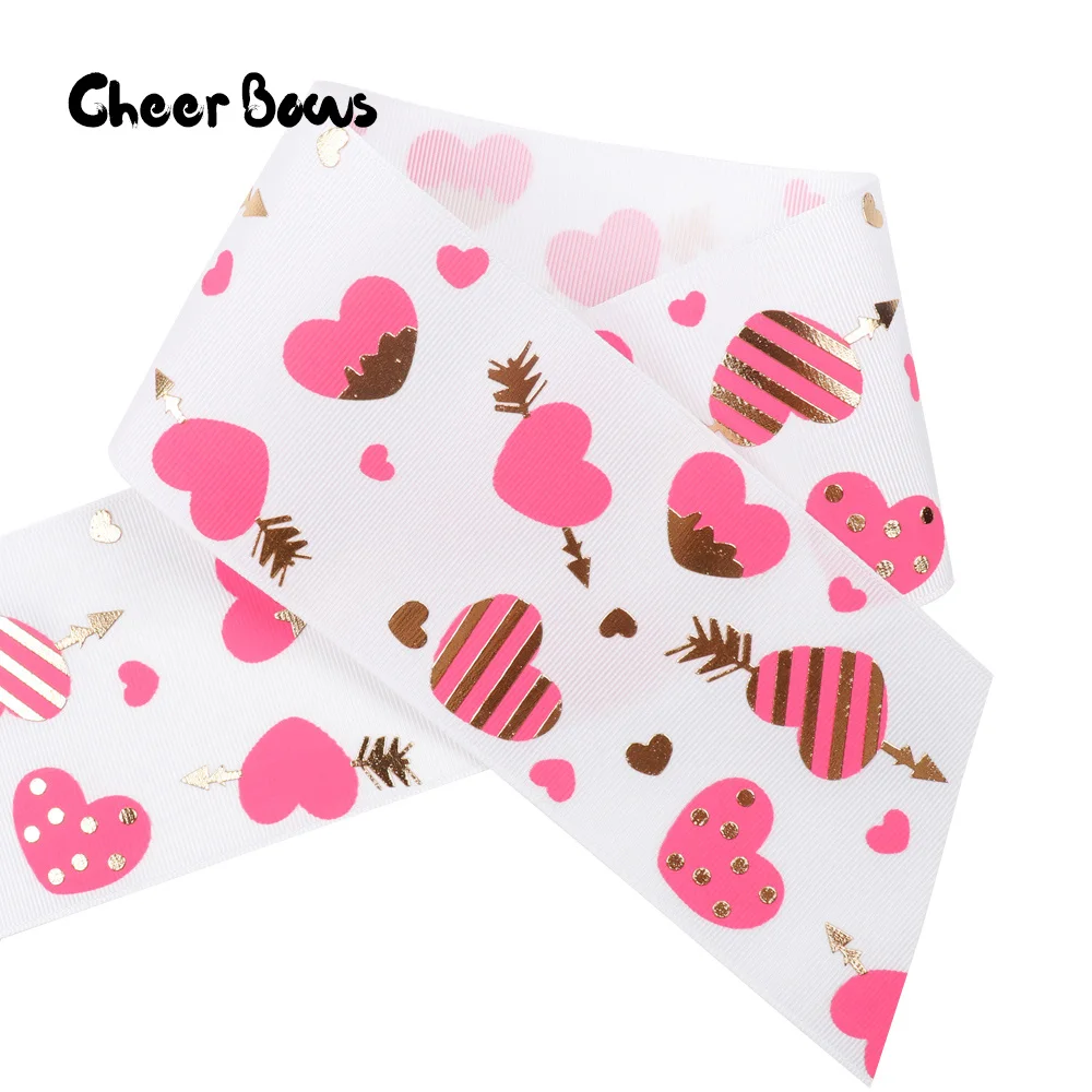 

Grosgrian Ribbon Foil Cupid's Arrow Printed Ribbon 75MM Pink Heart DIY Hair Bow Accessories Wedding Gift Wrap Decorative Ribbon