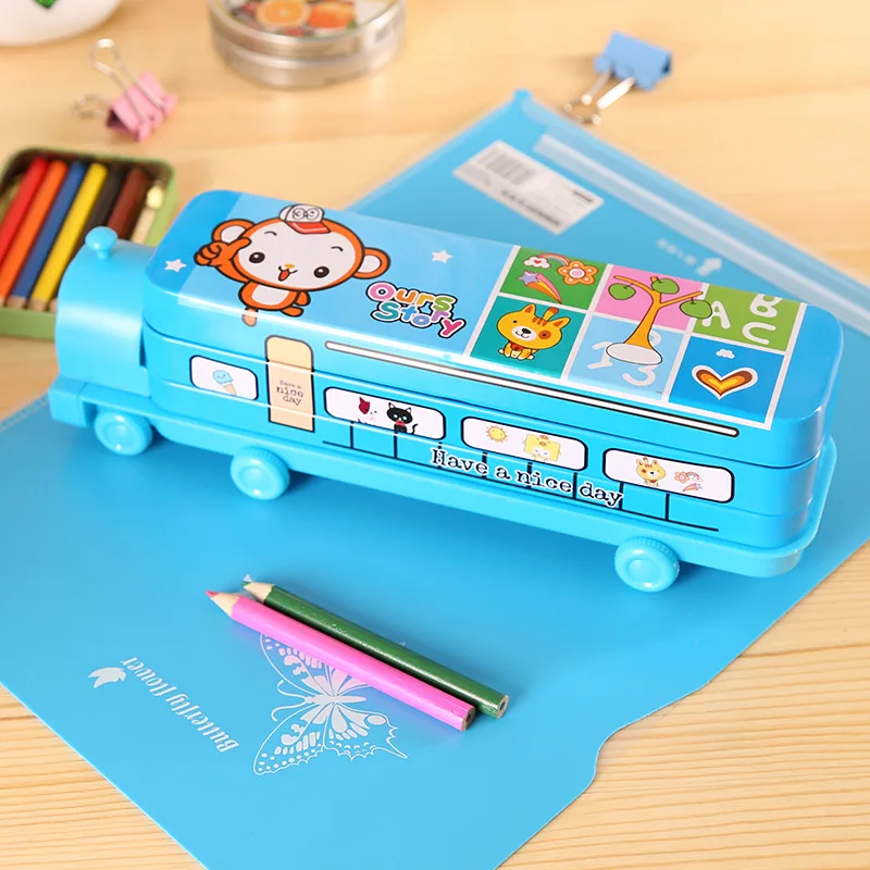 

Harphia multifunction large capacity train Pencil Case 2 layers metal car pencil bag with sharpener multiplication table