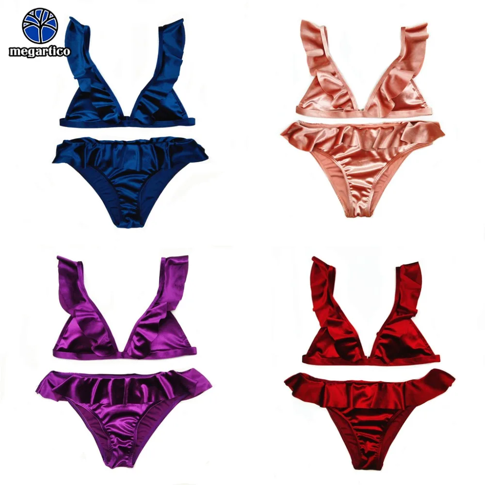 

women 2019 swimsuit blue sexy bikini push up swimwear Pink Velvet Bikini ruffles 2 piece bikinis culotes mujer set bikiniset
