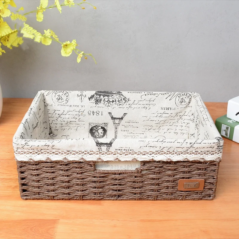Baskets organizer straw storage snack drawer boxes paper string straw weave basket storage hand made craft steel frame household
